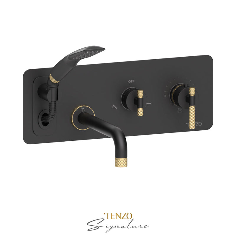 Tenzo Bellacio-C Wall Mount Tub Faucet With Retractable Hose Matte Black/Brushed Gold - BET73-C-MB-BG