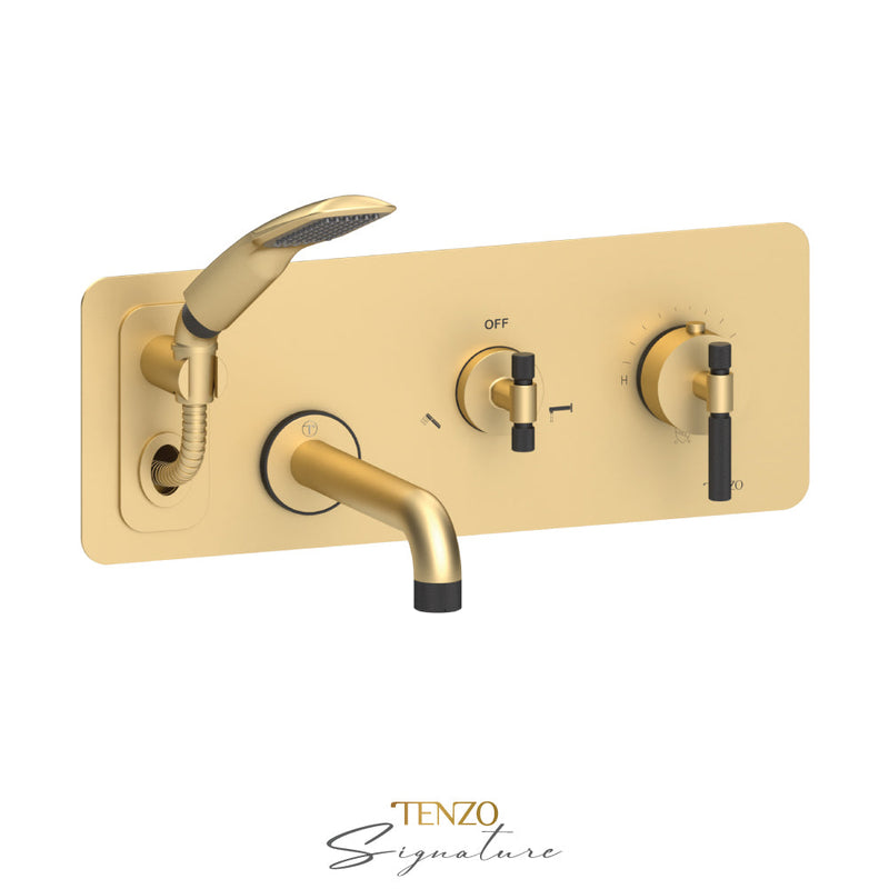 Tenzo Bellacio-F Wall Mount Tub Faucet With Retractable Hose Brushed Gold/Matte Black - BET73-F-BG-MB