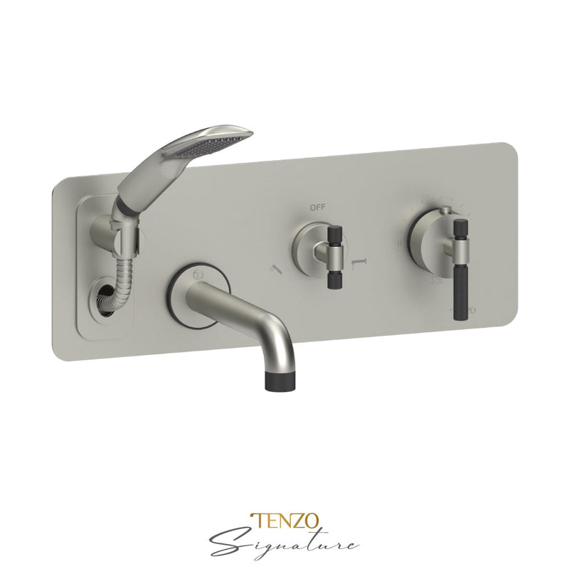 Tenzo Bellacio-F Wall Mount Tub Faucet With Retractable Hose Brushed Nickel/Matte Black - BET73-F-BN-MB