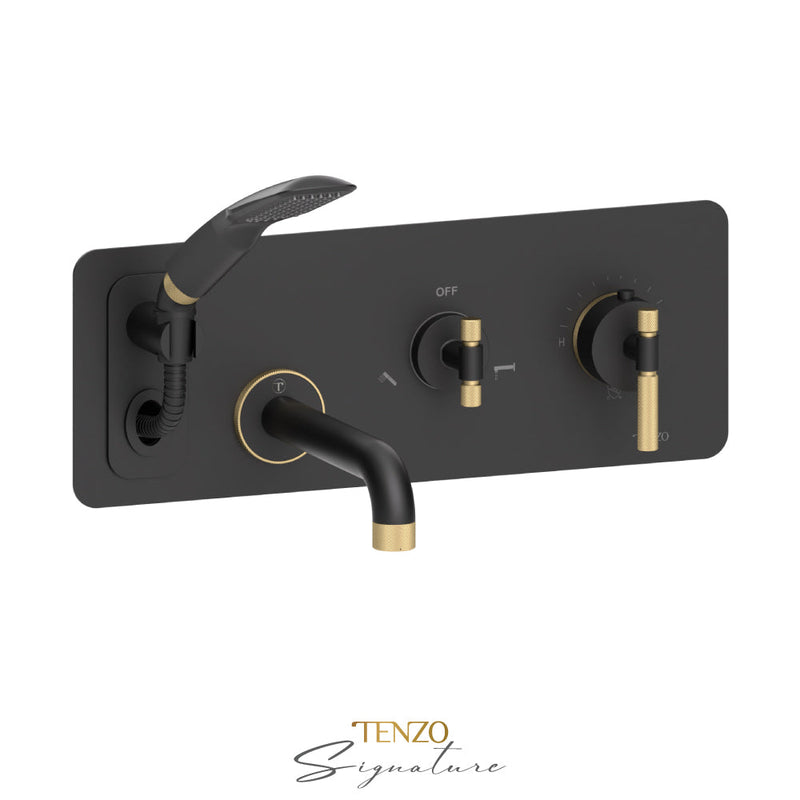 Tenzo Bellacio-F Wall Mount Tub Faucet With Retractable Hose Matte Black/Brushed Gold - BET73-F-MB-BG