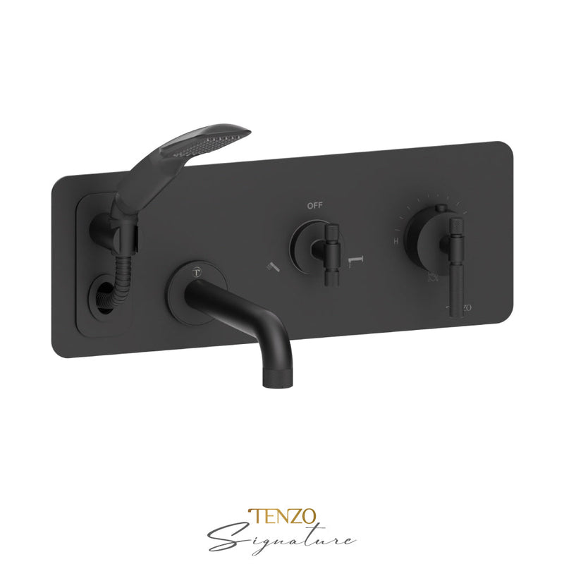 Tenzo Bellacio-F Wall Mount Tub Faucet With Retractable Hose Matte Black - BET73-F-MB
