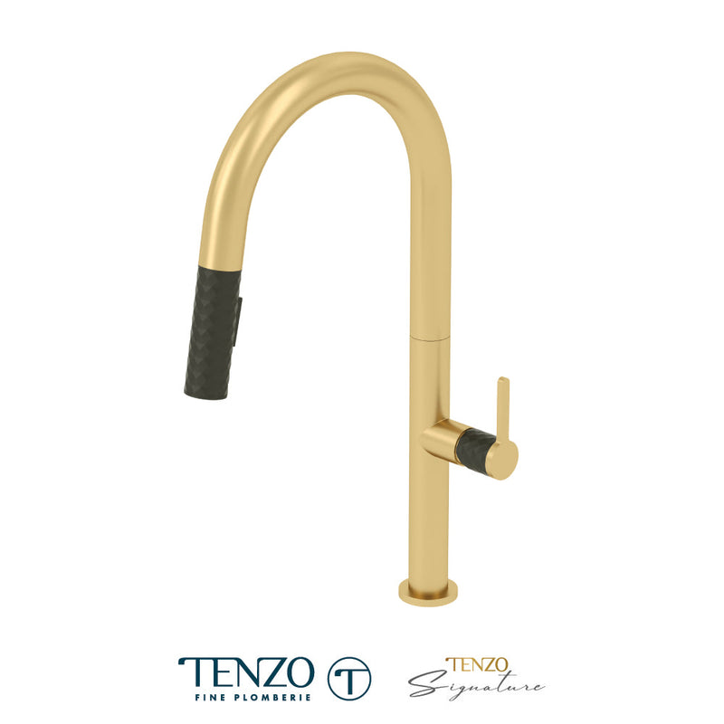 Tenzo Calozy Single-Handle Kitchen Faucet With Pull-Down & 2-Function Hand Shower Brushed Gold / Matte Black - CA130-BG-MB