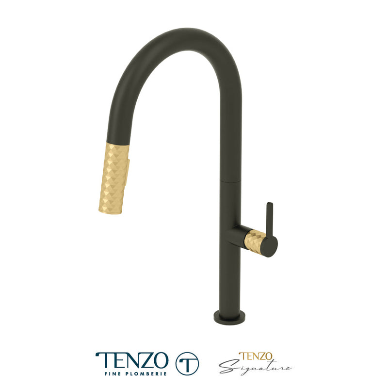 Tenzo Calozy Single-Handle Kitchen Faucet With Pull-Down & 2-Function Hand Shower Matte Black / Brushed Gold - CA130-MB-BG
