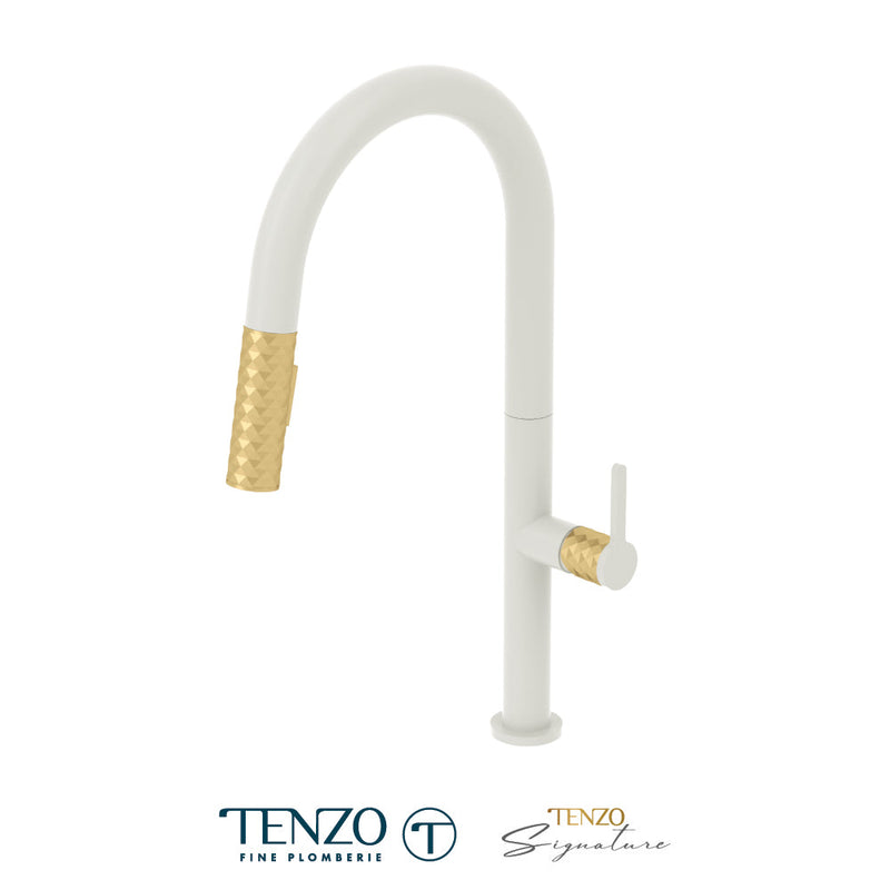 Tenzo Calozy Single-Handle Kitchen Faucet With Pull-Down & 2-Function Hand Shower Matte White / Brushed Gold - CA130-MW-BG