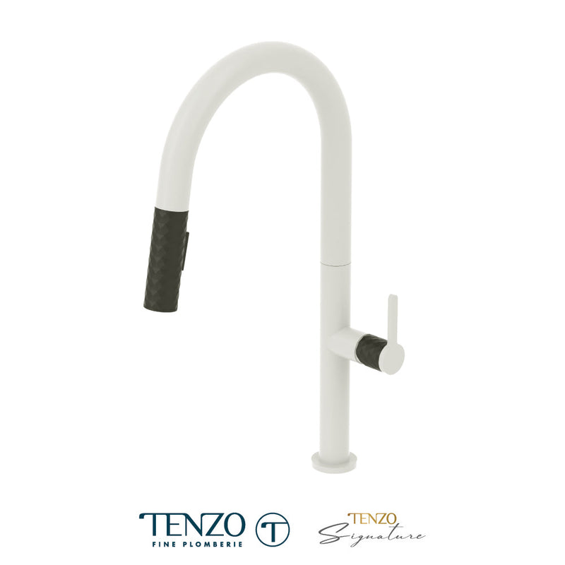 Tenzo Calozy Single-Handle Kitchen Faucet With Pull-Down & 2-Function Hand Shower Matte White / Matte Black - CA130-MW-MB