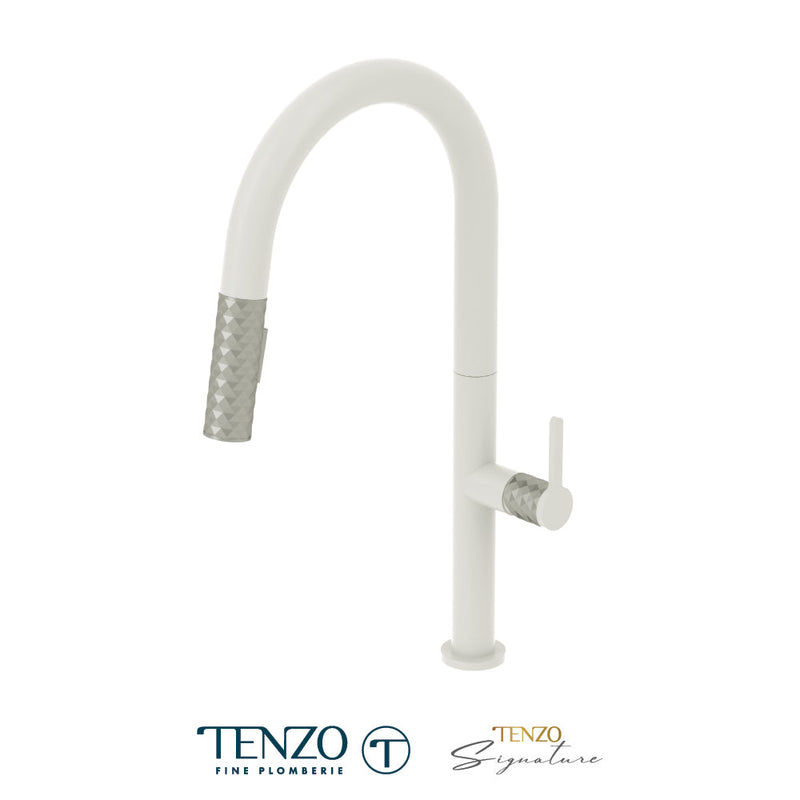 Tenzo Calozy Single-Handle Kitchen Faucet With Pull-Down & 2-Function Hand Shower Matte White / Satinless Steel - CA130-MW-SS