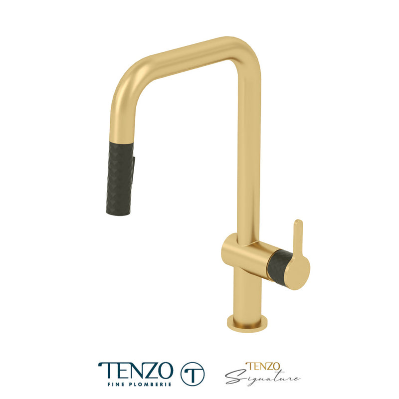 Tenzo Calozy Single-Handle Kitchen Faucet With Pull-Down & 2-Function Hand Shower Brushed Gold / Matte Black - CA131-BG-MB