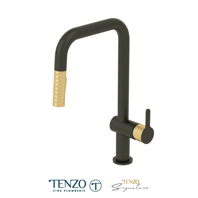 Tenzo Calozy Single-Handle Kitchen Faucet With Pull-Down & 2-Function Hand Shower Matte Black / Brushed Gold - CA131-MB-BG
