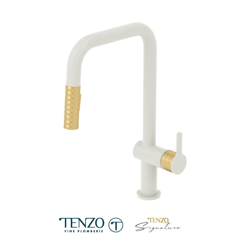 Tenzo Calozy Single-Handle Kitchen Faucet With Pull-Down & 2-Function Hand Shower Matte White / Brushed Gold - CA131-MW-BG