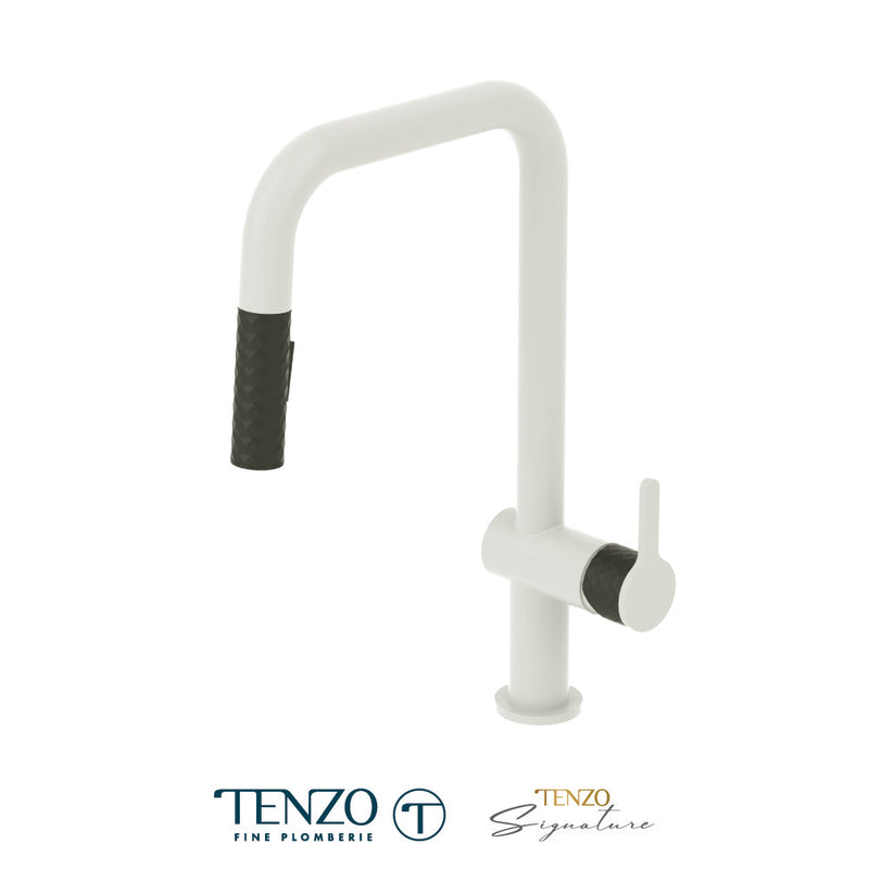 Tenzo Calozy Single-Handle Kitchen Faucet With Pull-Down & 2-Function Hand Shower Matte White / Matte Black - CA131-MW-MB