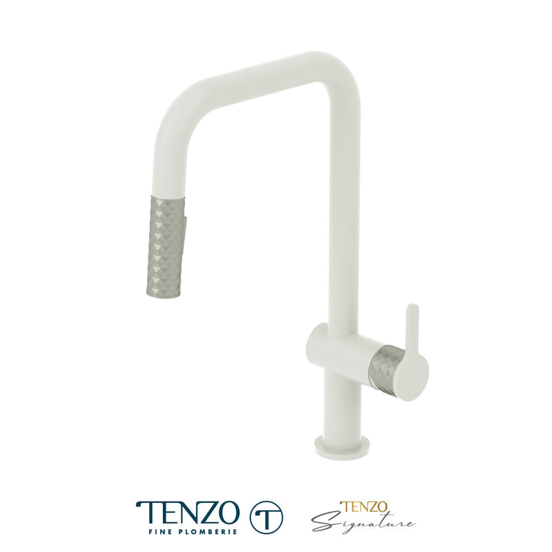 Tenzo Calozy Single-Handle Kitchen Faucet With Pull-Down & 2-Function Hand Shower Matte White / Stainless Steel - CA131-MW-SS