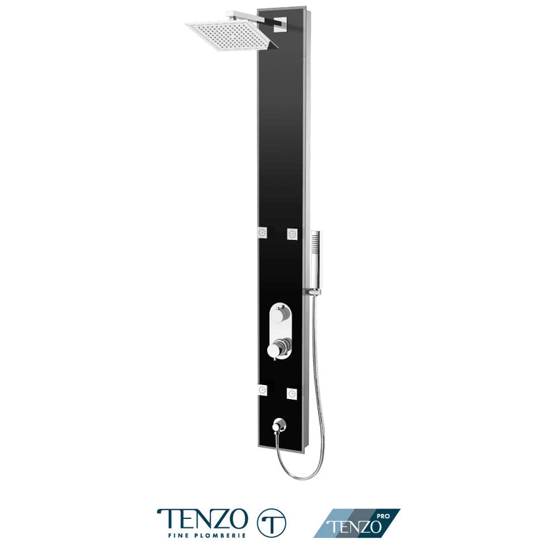 Tenzo Evolo Shwr Col. Tempered Glass [Sh. Head 4 Jets Hand Shwr] Pres. Balanced/Div. Black - ETZG-53-BK
