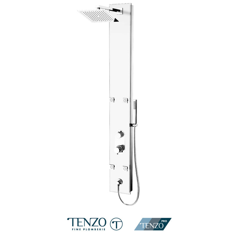 Tenzo Evolo Shower Col. Tempered Glass [Sh. Head 4 Jets Diverter Spout] Pres. Balanced/Div. White - ETZG-53-WT