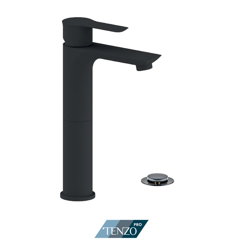 Tenzo Galia Single Hole Tall Lavatory Faucet Matte Black With (Overflow) Drain - GA12H-P-MB