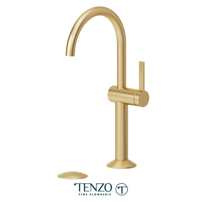 Tenzo Paloma Single Hole Tall Lavatory Faucet Brushed Gold With (Overflow) Drain - PAL12-P-BG