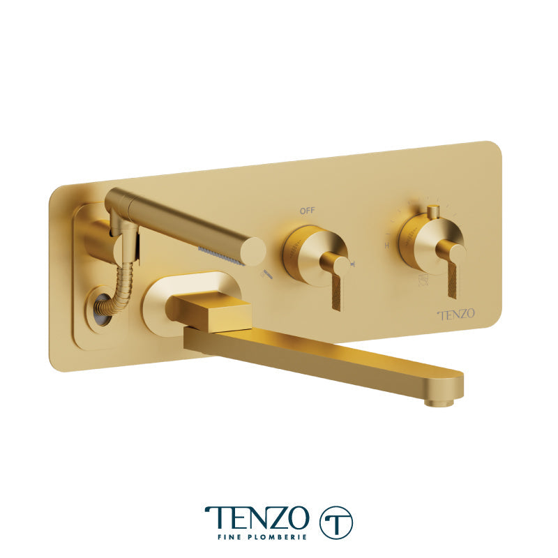 Tenzo Paloma Wall Mount Tub Filler With Retractable Hose & 12'' Swivel Spout Brushed Gold - PALT74-BG