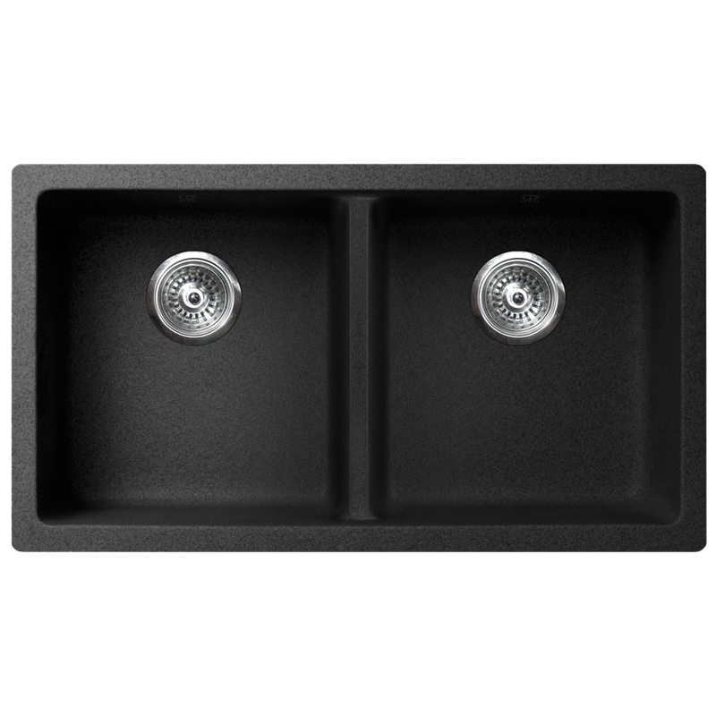 Pearl VERTU-K 31" Double Equal Undermount Kitchen Sink – Black NuGranite w/ Grid – GVD3215A-BL