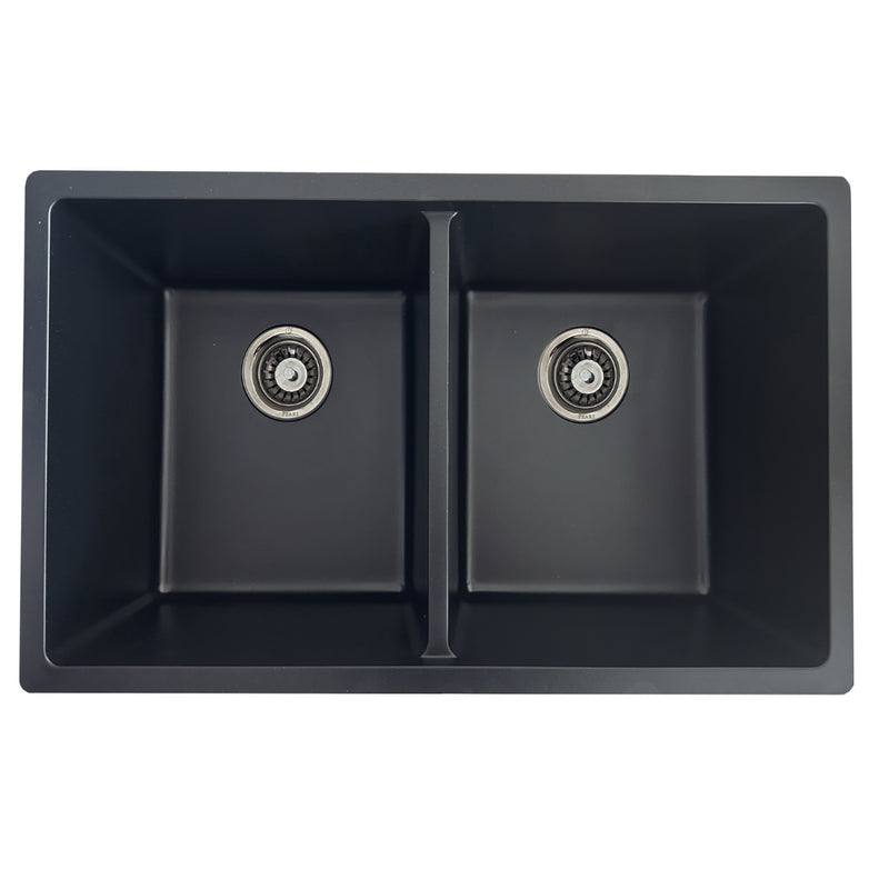 Pearl VERTU-KH 30" Double Equal Undermount Kitchen Sink – Black NuGranite w/ Grid – GVD3416-BL