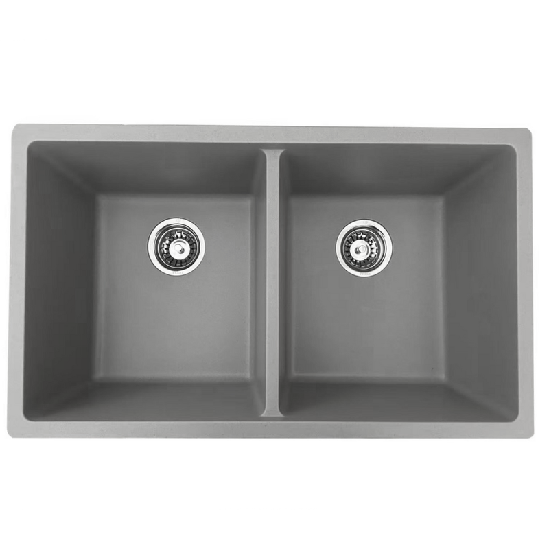 Pearl VERTU-KH 30" Double Equal Undermount Kitchen Sink – Smoke Grey NuGranite w/ Grid – GVD3416-SG