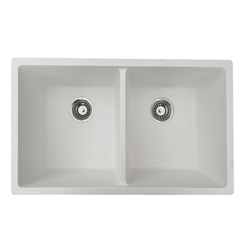 Pearl VERTU-KH 30" Double Equal Undermount Kitchen Sink – White NuGranite w/ Grid – GVD3416-WH