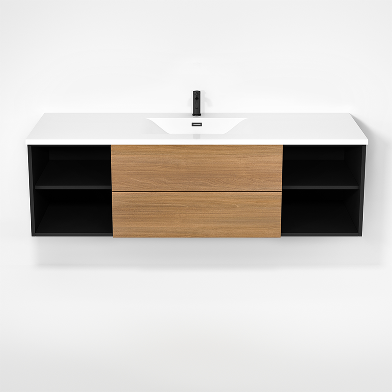 Rubi Haus 63" Single Wall Hung Vanity w. Integrated Composite Sink Natural Oak & Matte White – RHS1400LK02NO-MBL