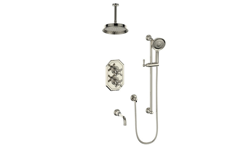 Vogt Carinthia 3-Function Thermostatic Tub & Shower System with 8" Rain Head, Hand Shower & Tub Spout – Ceiling-Mount – Polished Nickel – SET.C31.320.316.PN