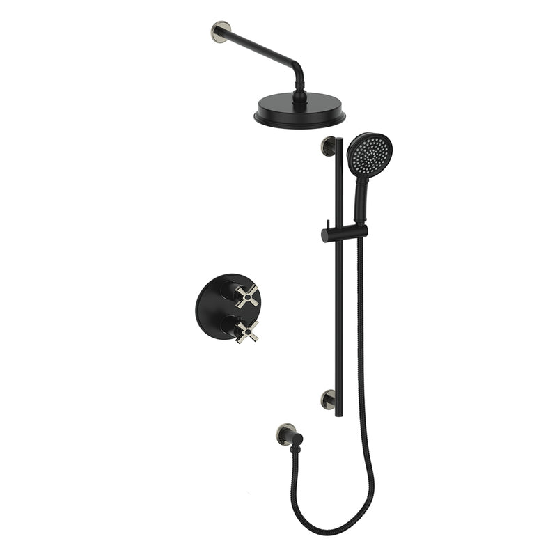 Vogt Zehn 2-Function Thermostatic Shower System with 8" Rain Head & Hand Shower – Wall-Mount – Matte Black / Polished Nickel – SET.Z4.220.210.PB
