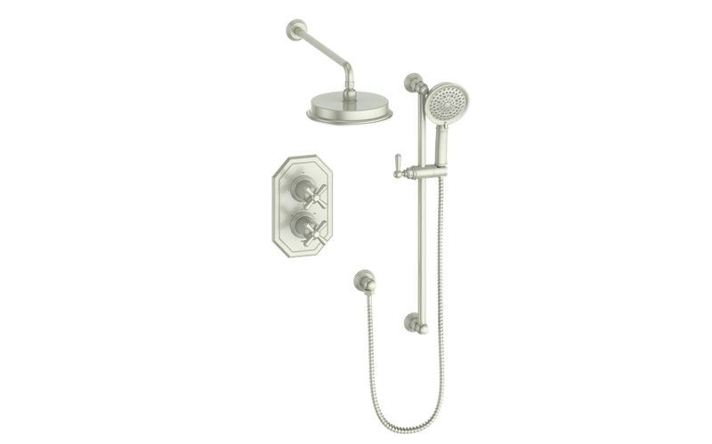 Vogt Carinthia 2-Function Thermostatic Shower System with 8" Rain Head & Hand Shower – Wall-Mount – Cross Handle – Brushed Nickel – SET.C3.220.210.BN
