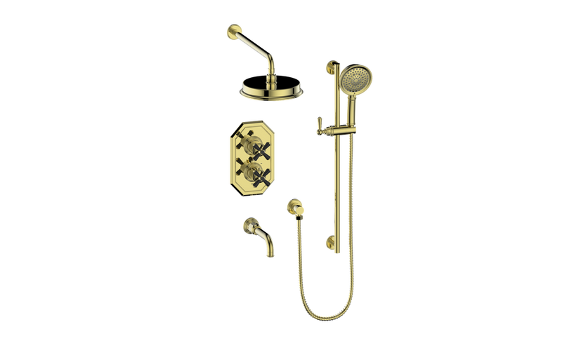 Vogt Carinthia 3-Function Thermostatic Tub & Shower System with 8" Rain Head, Hand Shower & Tub Spout – Wall-Mount – Brushed Gold / Matte Black – SET.C31.320.310.BGB