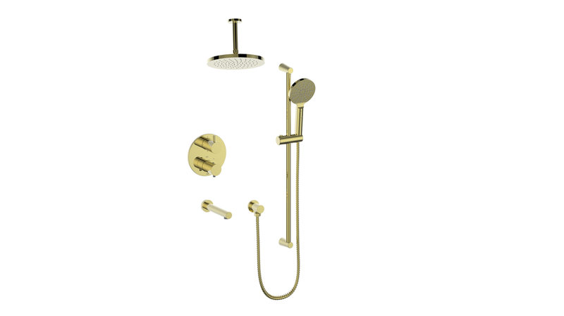 Vogt Worgl 3-Function Thermostatic Tub & Shower System with 10" Rain Head, Hand Shower & Tub Spout – Ceiling-Mount – Brushed Gold – SET.OR.320.326.BG