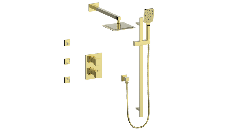 Vogt Kapfenberg 3-Function Thermostatic Shower System with 10" Rain Head, Hand Shower & Body Jets – Wall-Mount – Brushed Gold – SET.KG.320.810.BG