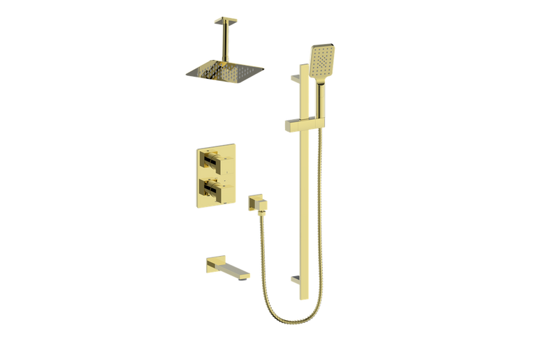 Vogt Kapfenberg 3-Function Thermostatic Tub & Shower System with 8" Rain Head, Hand Shower & Tub Spout – Ceiling-Mount – Brushed Gold – SET.KG.320.316.BG