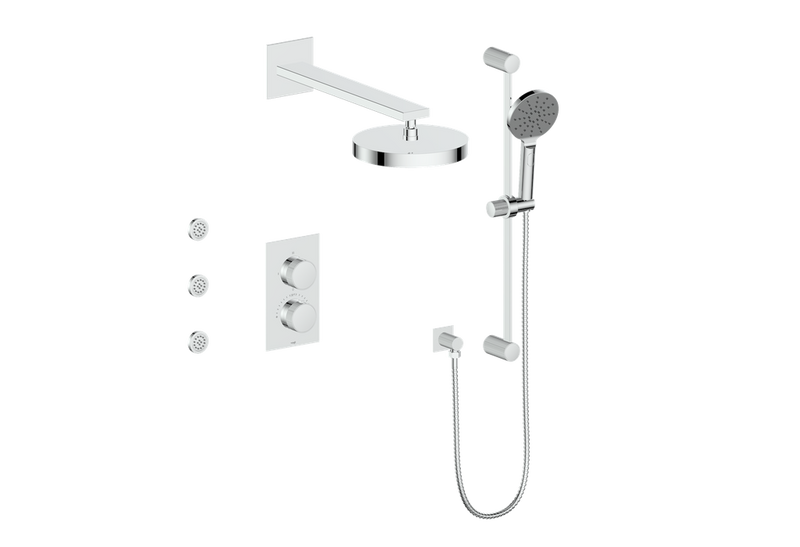 Vogt Mond 3-Function Thermostatic Shower System with 10" Rain Head, Hand Shower & Body Jets – Wall-Mount – Chrome – SET.M1.320.810.CC