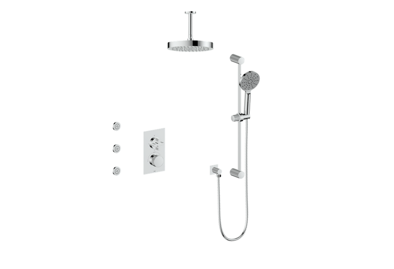 Vogt Mond 3-Function Thermostatic Shower System with 10" Rain Head, Hand Shower & Body Jets – Ceiling-Mount – Chrome – SET.M3.320.816.CC