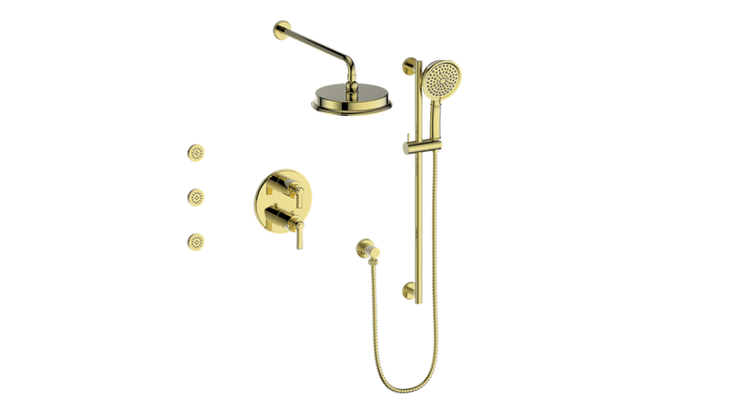Vogt Zehn 3-Function Thermostatic Shower System with 8" Rain Head, Hand Shower & Body Jets – Wall-Mount – Brushed Gold – SET.Z1.320.810.BG