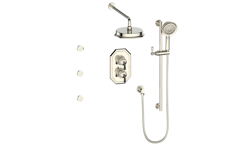 Vogt Carinthia 3-Function Thermostatic Shower System with 8" Rain Head, Hand Shower & Body Jets – Wall-Mount – Lever Handle – Polished Nickel / Matte Black – SET.C1.320.810.PB