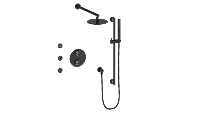 Vogt Drava 3-Function Thermostatic Shower System with 8" Rain Head, Hand Shower & Body Jets – Wall-Mount – Matte Black / Chrome – SET.DA.320.810.CB