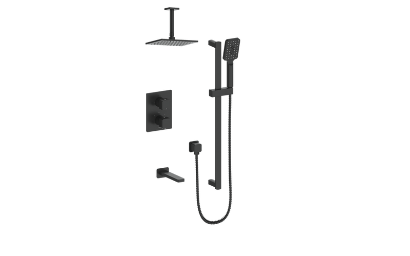 Vogt Niveau 3-Function Thermostatic Tub & Shower System with 8" Rain Head, Hand Shower & Tub Spout – Ceiling-Mount – Matte Black – SET.NU.320.316.MB