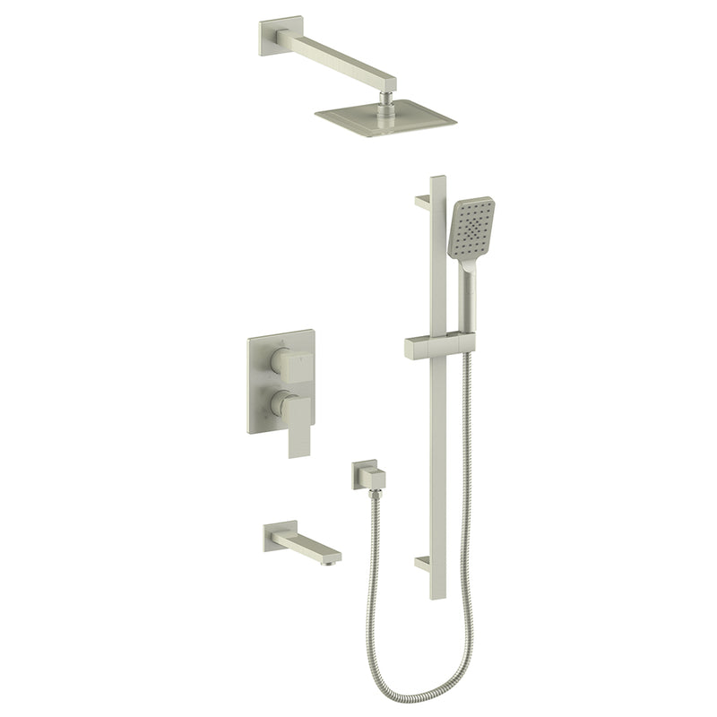 Vogt Kapfenberg 3-Function Pressure-Balanced Tub & Shower System with 8" Rain Head, Hand Shower & Tub Spout – Wall-Mount – Brushed Nickel – SET.KG.310.310.BN