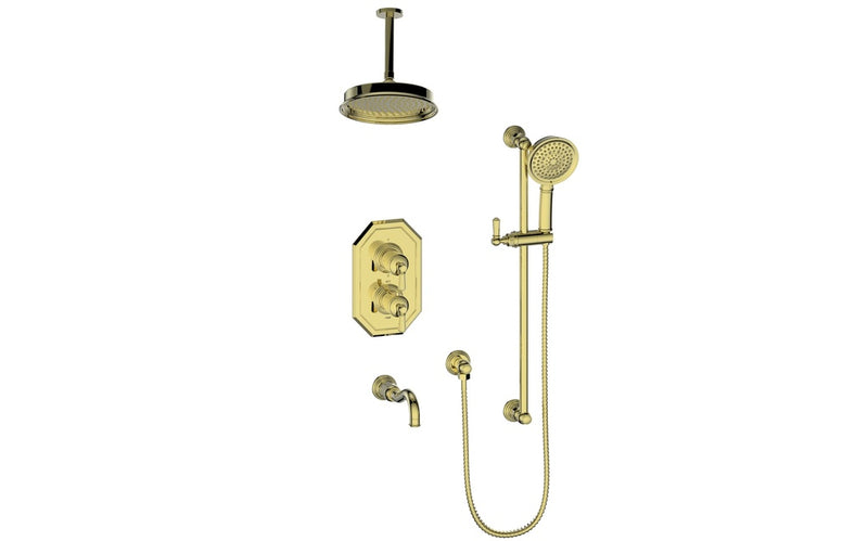 Vogt Carinthia 3-Function Thermostatic Tub & Shower System with 8" Rain Head, Hand Shower & Tub Spout – Ceiling-Mount – Brushed Gold – SET.C22.320.316.BG