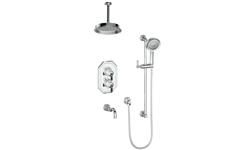Vogt Carinthia 3-Function Thermostatic Tub & Shower System with 8" Rain Head, Hand Shower & Tub Spout – Ceiling-Mount – Chrome / Matte Black – SET.C22.320.316.CB