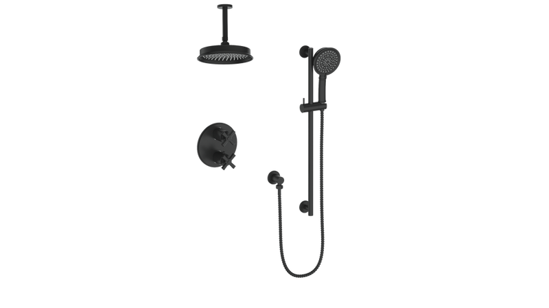 Vogt Zehn 2-Function Thermostatic Shower System with 8" Rain Head & Hand Shower – Ceiling-Mount – Matte Black – SET.Z4.220.216.MB