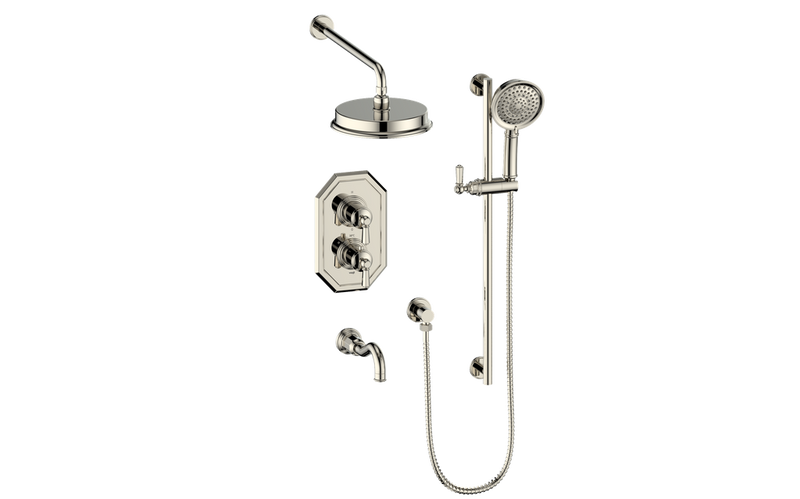 Vogt Carinthia 3-Function Thermostatic Tub & Shower System with 8" Rain Head, Hand Shower & Tub Spout – Wall-Mount – Polished Nickel – SET.C22.320.310.PN