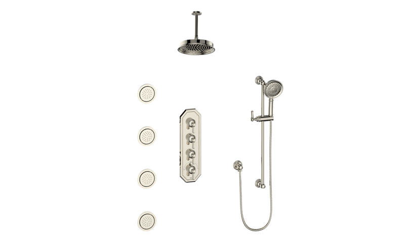 Vogt Carinthia 3/4" High-Flow Thermostatic Shower System with 12" Rain Head, Hand Shower & Body Jets – Ceiling-Mount – Octagonal Handle – Polished Nickel – SET.C2.350.936.PN