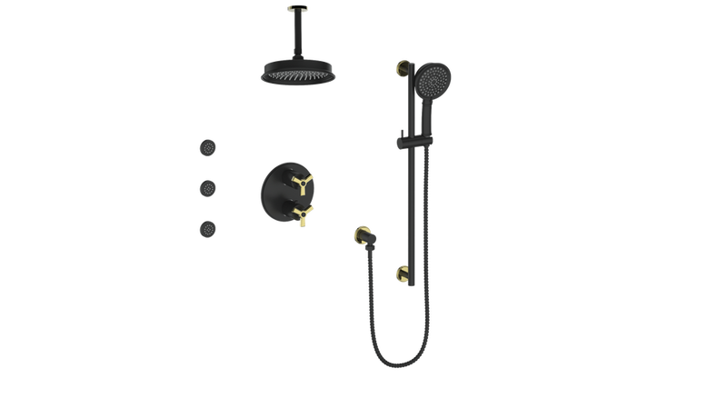 Vogt Zehn 3-Function Thermostatic Shower System with 8" Rain Head, Hand Shower & Body Jets – Ceiling-Mount – Matte Black / Brushed Gold – SET.Z3.320.816.BGB