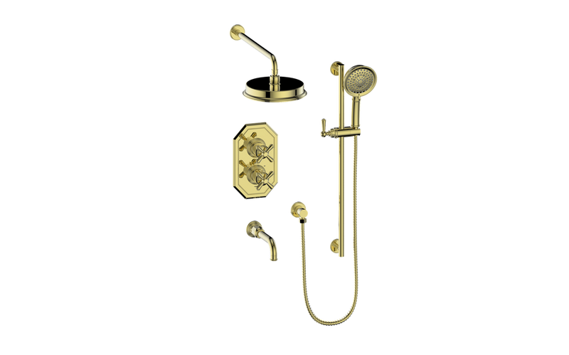 Vogt Carinthia 3-Function Thermostatic Tub & Shower System with 8" Rain Head, Hand Shower & Tub Spout – Wall-Mount – Brushed Gold – SET.C31.320.310.BG