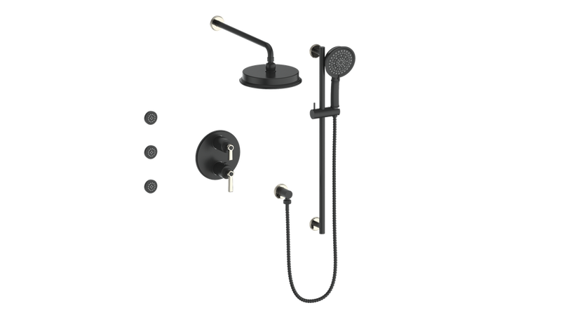Vogt Zehn 3-Function Thermostatic Shower System with 8" Rain Head, Hand Shower & Body Jets – Wall-Mount – Matte Black / Polished Nickel – SET.Z1.320.810.PB