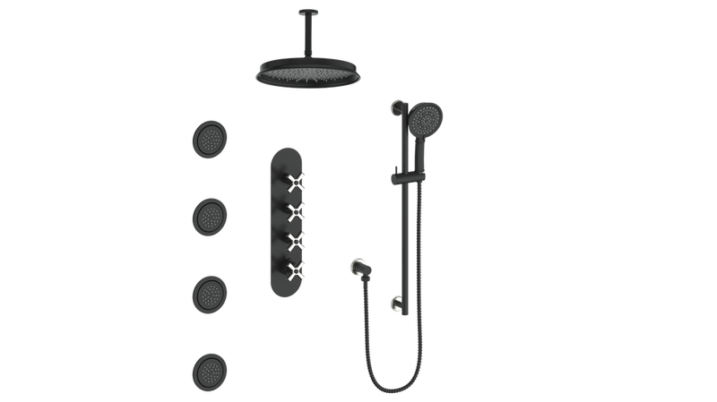 Vogt Zehn 3/4" High-Flow Thermostatic Shower System with 12" Rain Head, Hand Shower & Body Jets – Ceiling-Mount – Matte Black / Stainless Steel – SET.Z4.350.936.SB