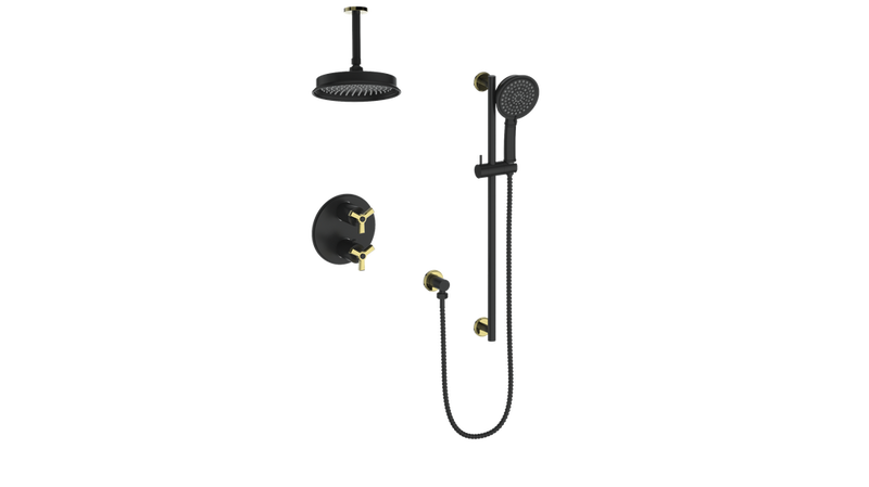 Vogt Zehn 2-Function Thermostatic Shower System with 8" Rain Head & Hand Shower – Ceiling-Mount – Matte Black / Brushed Gold – SET.Z3.220.216.BGB