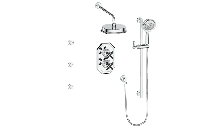 Vogt Carinthia 3-Function Thermostatic Shower System with 8" Rain Head, Hand Shower & Body Jets – Wall-Mount – Cross Handle – Chrome / Matte Black – SET.C3.320.810.CB